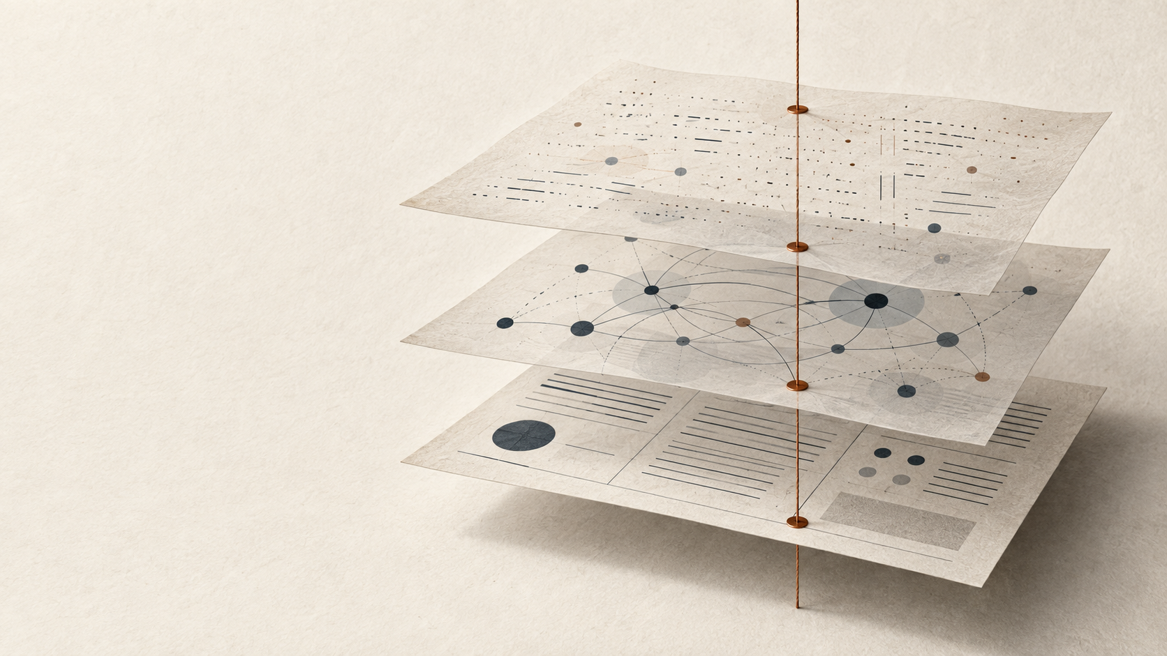 Editorial illustration of translucent evidence layers aligned into structured analysis by a copper thread.